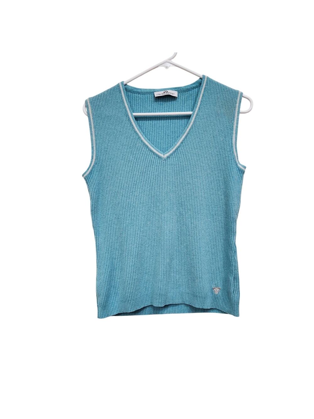 Walter Genuin Cable Knitted Ribbed Sleeveless V-Neck Sweater Blue Size M
